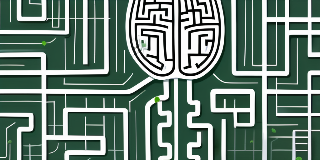 A serene landscape with a symbolic representation of a brain and a maze