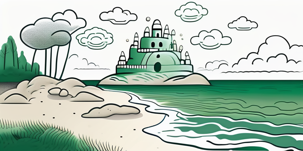 A serene beach landscape with symbolic elements like a brain-shaped sandcastle and thought bubbles floating in the sky